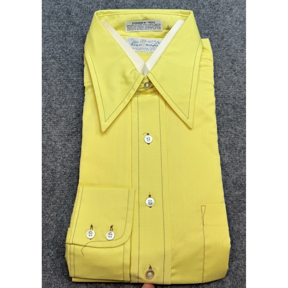 Vintage 70s Royal Knight  Yellow Button Up Shirt Point Collar 16-15.5 NOS